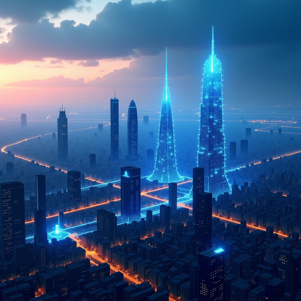 A futuristic cityscape with integrated network nodes, representing an empowered and secure society in the digital age, high resolution, 16:9 aspect ratio.