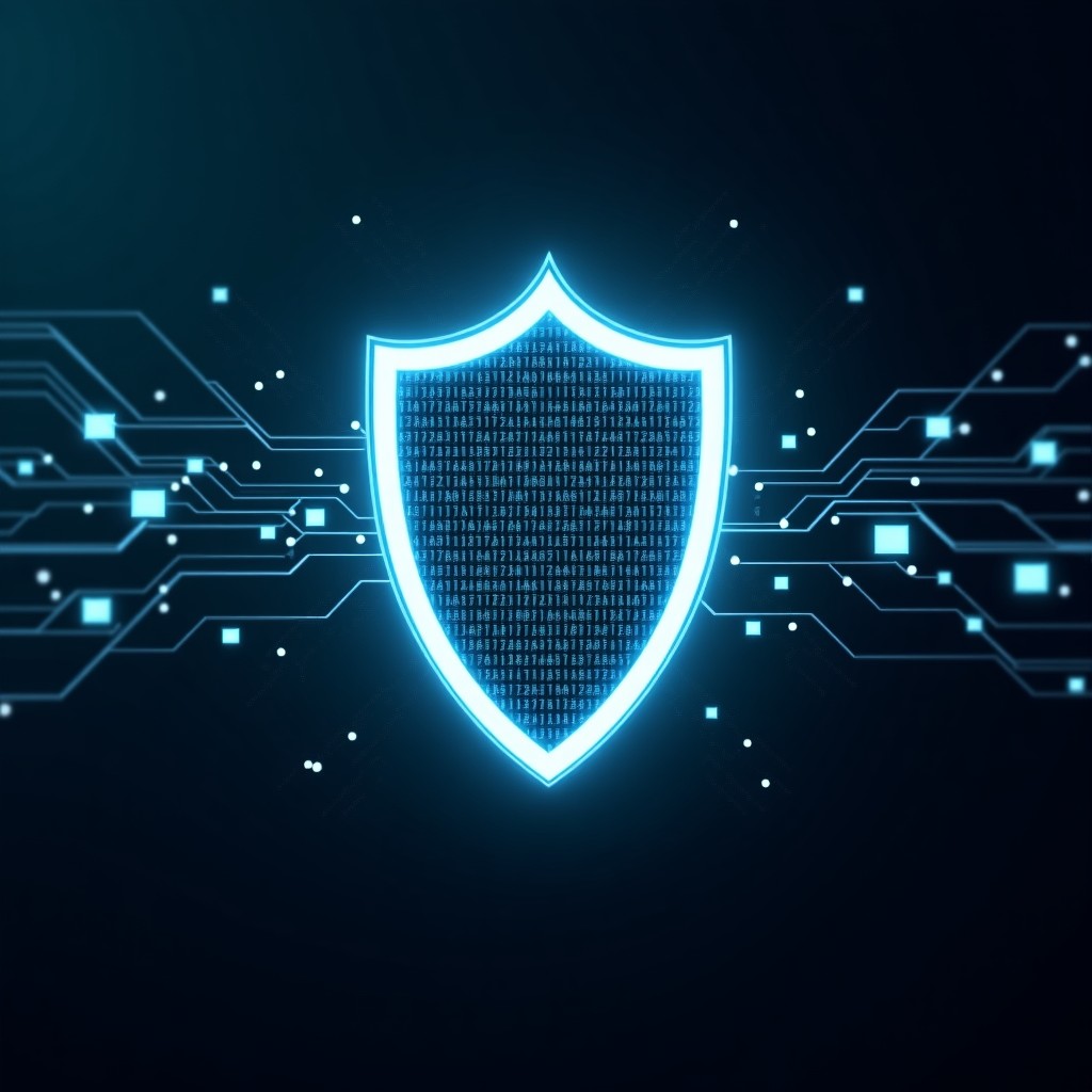 A conceptual visualization of a digital shield protecting delicate information from binary code threats, high contrast, tech-focused composition, 16:9 aspect ratio.