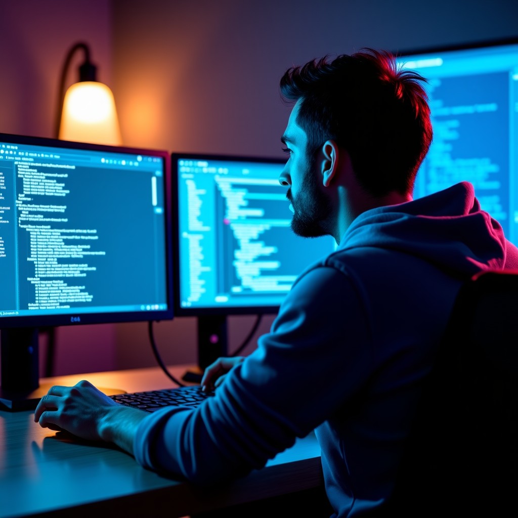 A human developer working at a high-tech computer workstation with multiple screens, focusing on software code and security patches, realistic lighting, 4:3 aspect ratio.