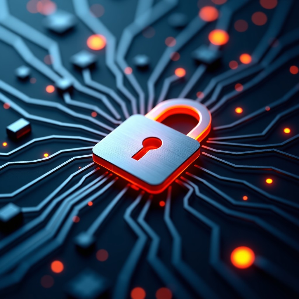 Abstract representation of data privacy, a lock icon integrated with digital circuit patterns, metallic textures, professional clean composition, 4:3 aspect ratio.