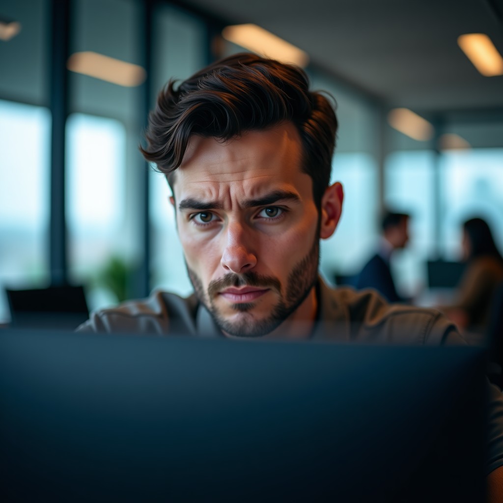A person looking at a screen with a serious and cautious expression, professional office setting, cinematic lighting, shallow depth of field, 4:3 aspect ratio.