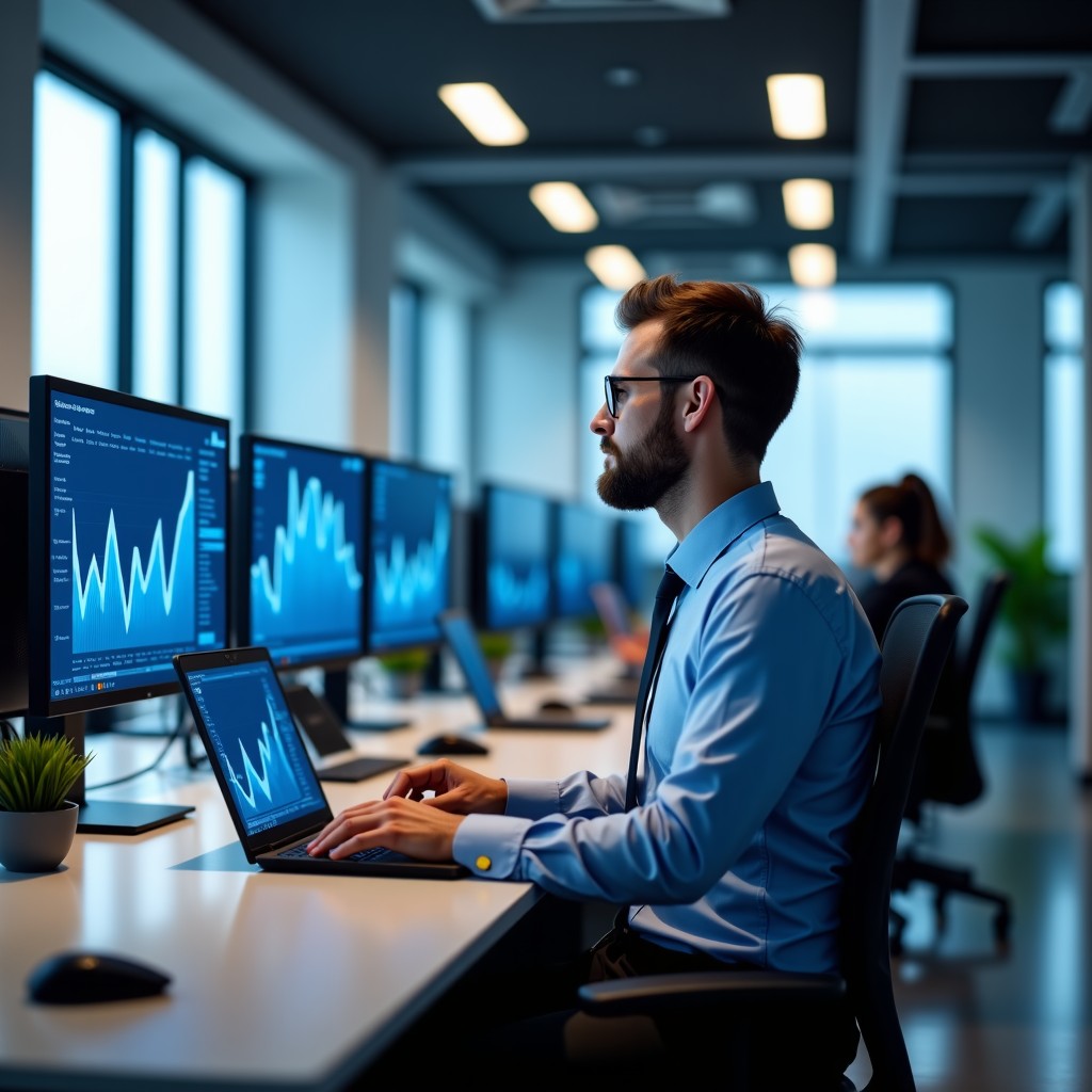 Modern workspace with digital screens showing data trends, clean office environment, soft professional lighting, 4:3
