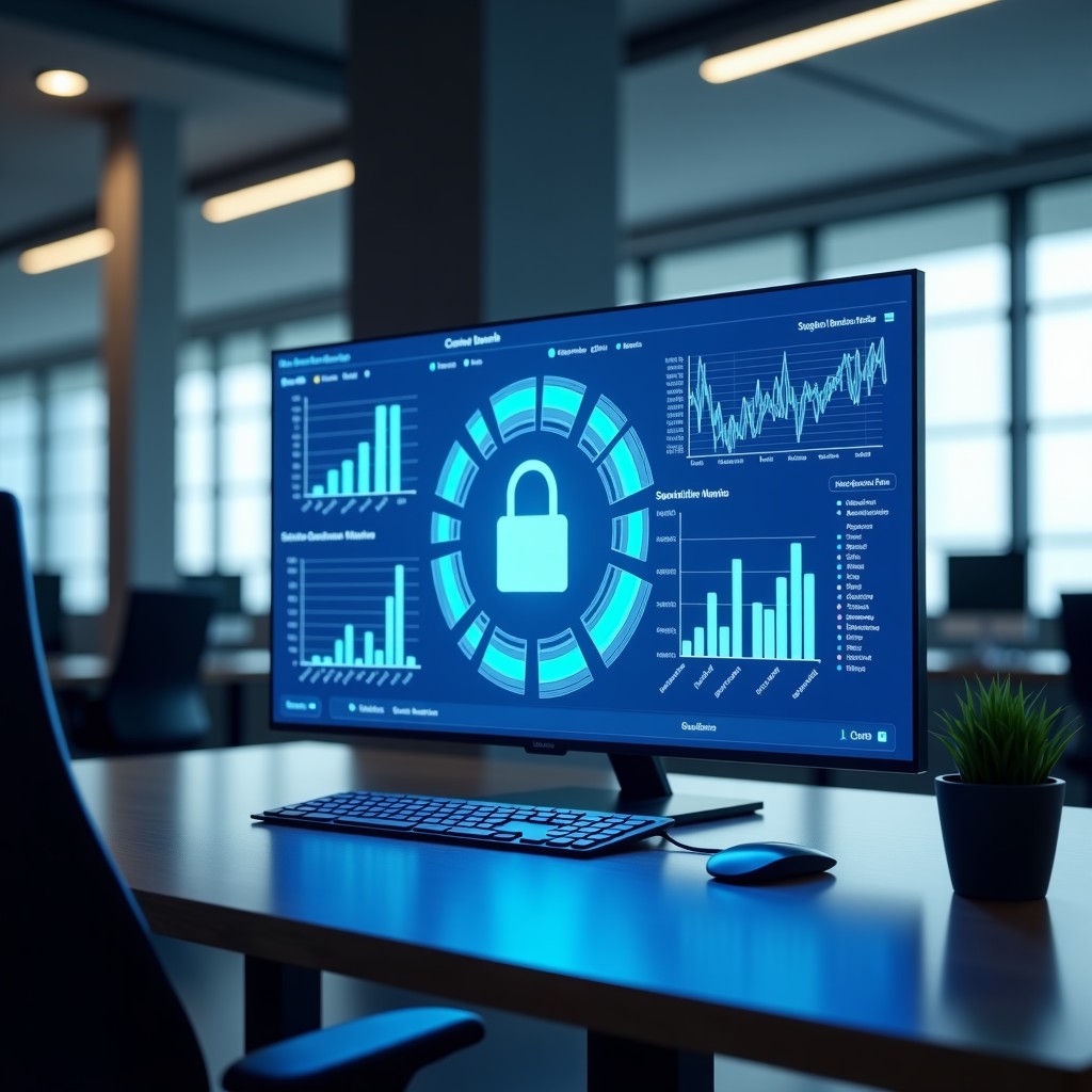 A professional workspace with holographic interface displaying data flow and security analysis charts, modern office, 4:3