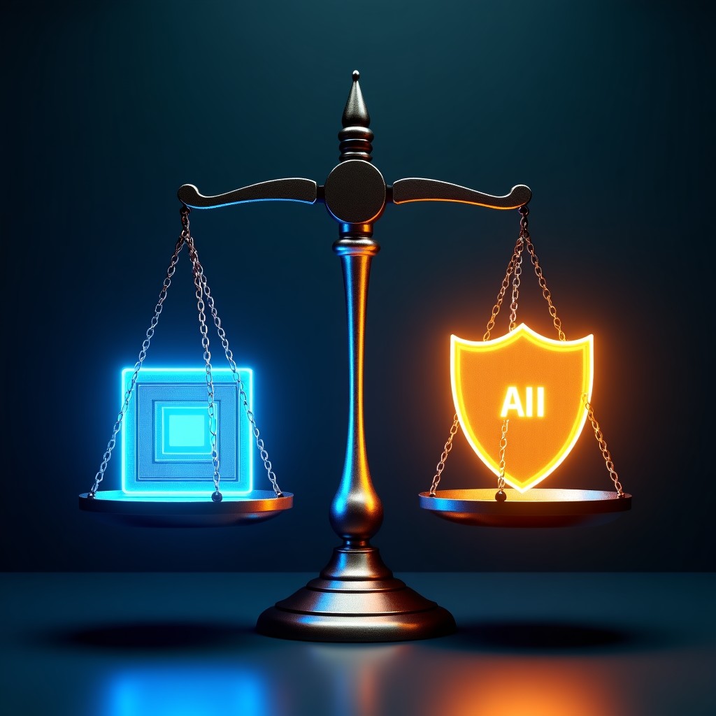 A balanced scale with a glowing AI chip on one side and a shield representing human ethics on the other, professional lighting, cinematic style, sharp details, 4:3