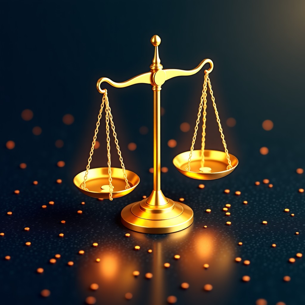 Abstract representation of legal documents blending with lines of code and data, golden scales of justice and digital binary patterns, 4:3