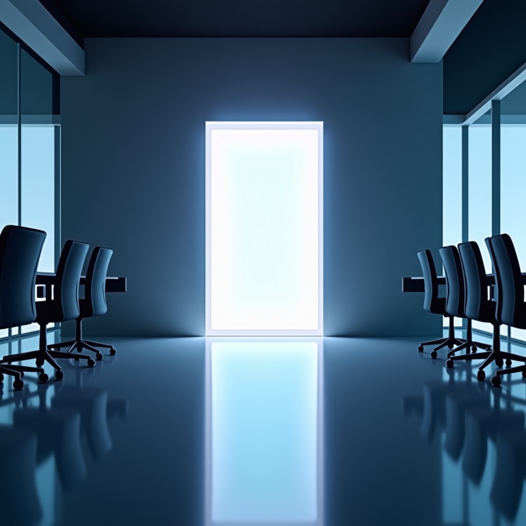 A glowing abstract portal in a modern office environment, symbolizing the intersection of AI development and policy, high contrast, clean, 4:3