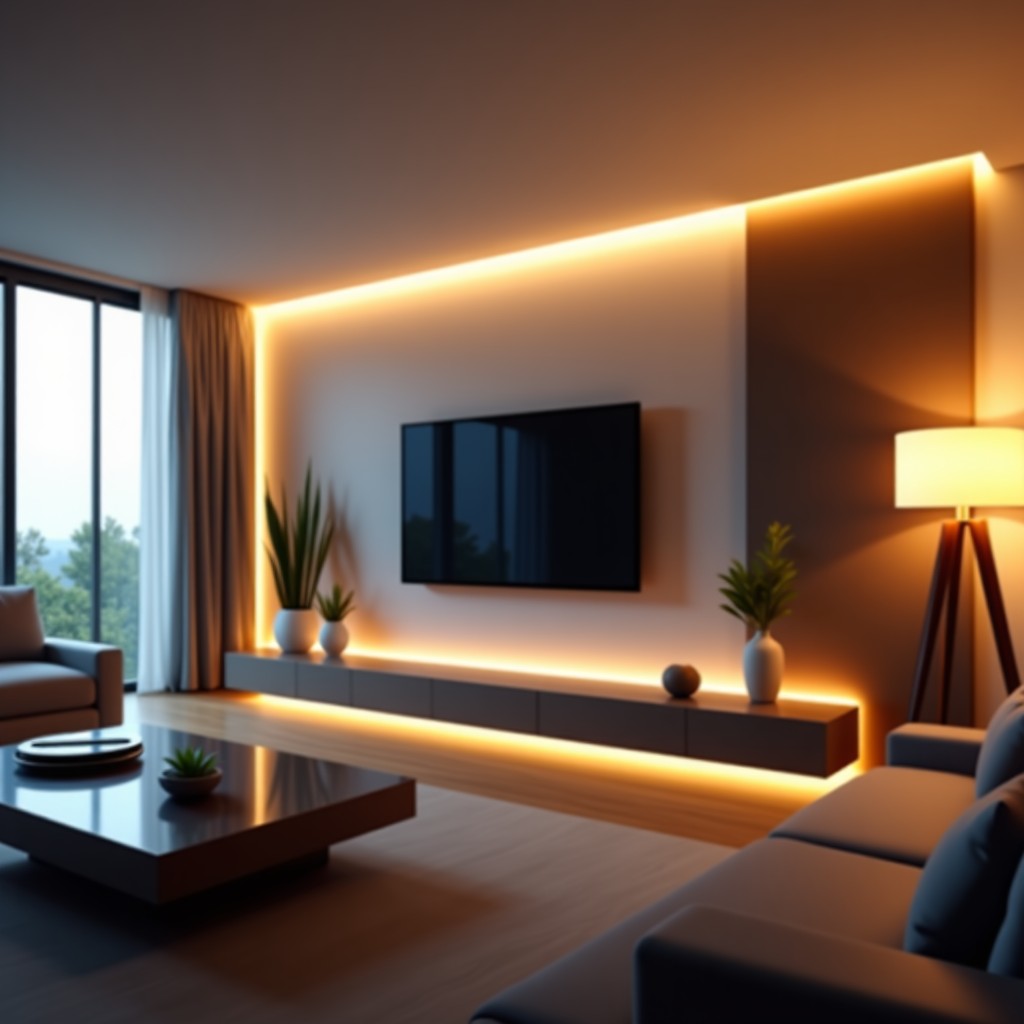 Close-up of a futuristic smart home living room with integrated technology, warm and cozy atmosphere, neutral color palette, cinematic lighting, photorealistic, 4:3 aspect ratio.