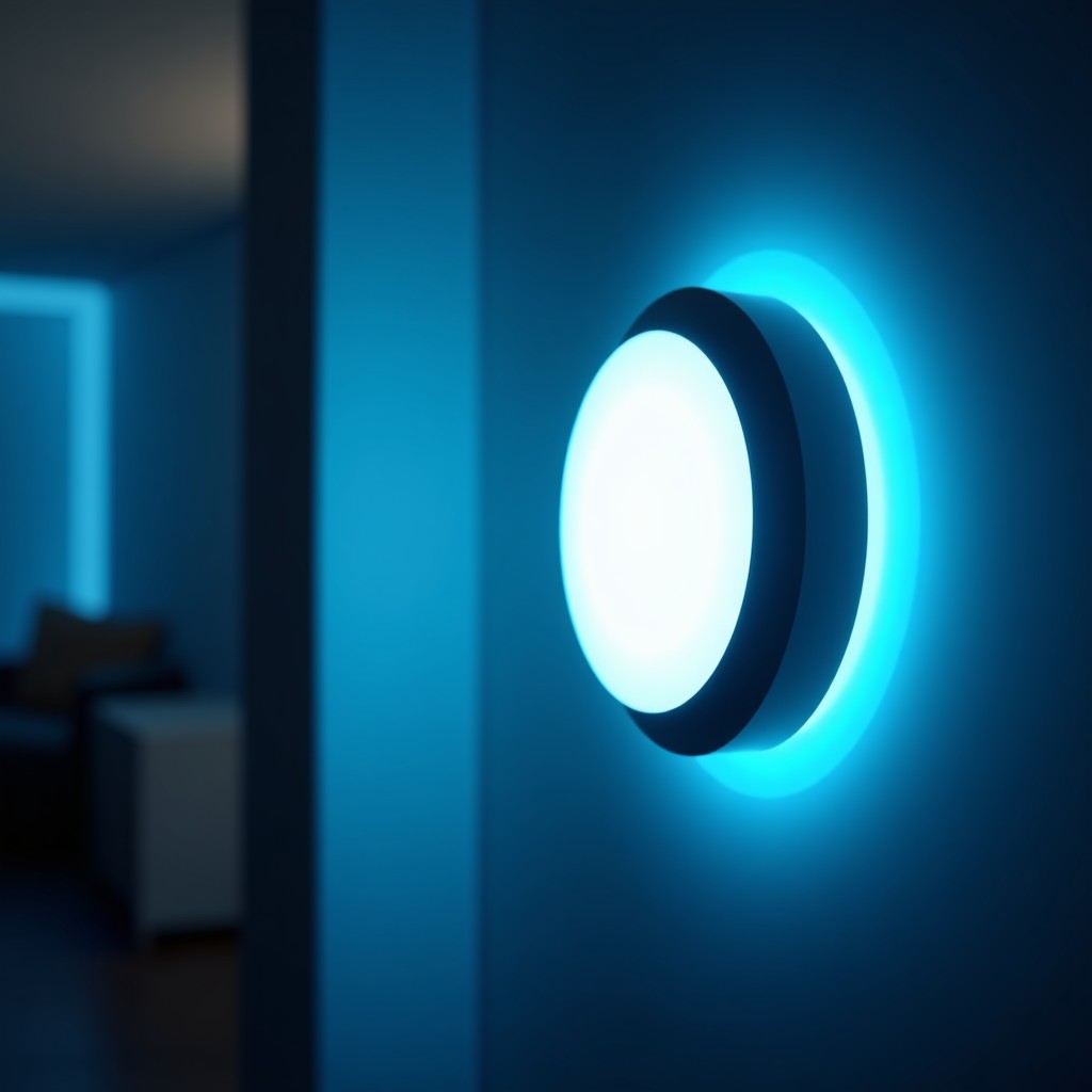 Abstract representation of a smart home interface glowing with subtle blue and white light, clean digital lines, modern aesthetic, soft focus background, photorealistic, 4:3 aspect ratio.