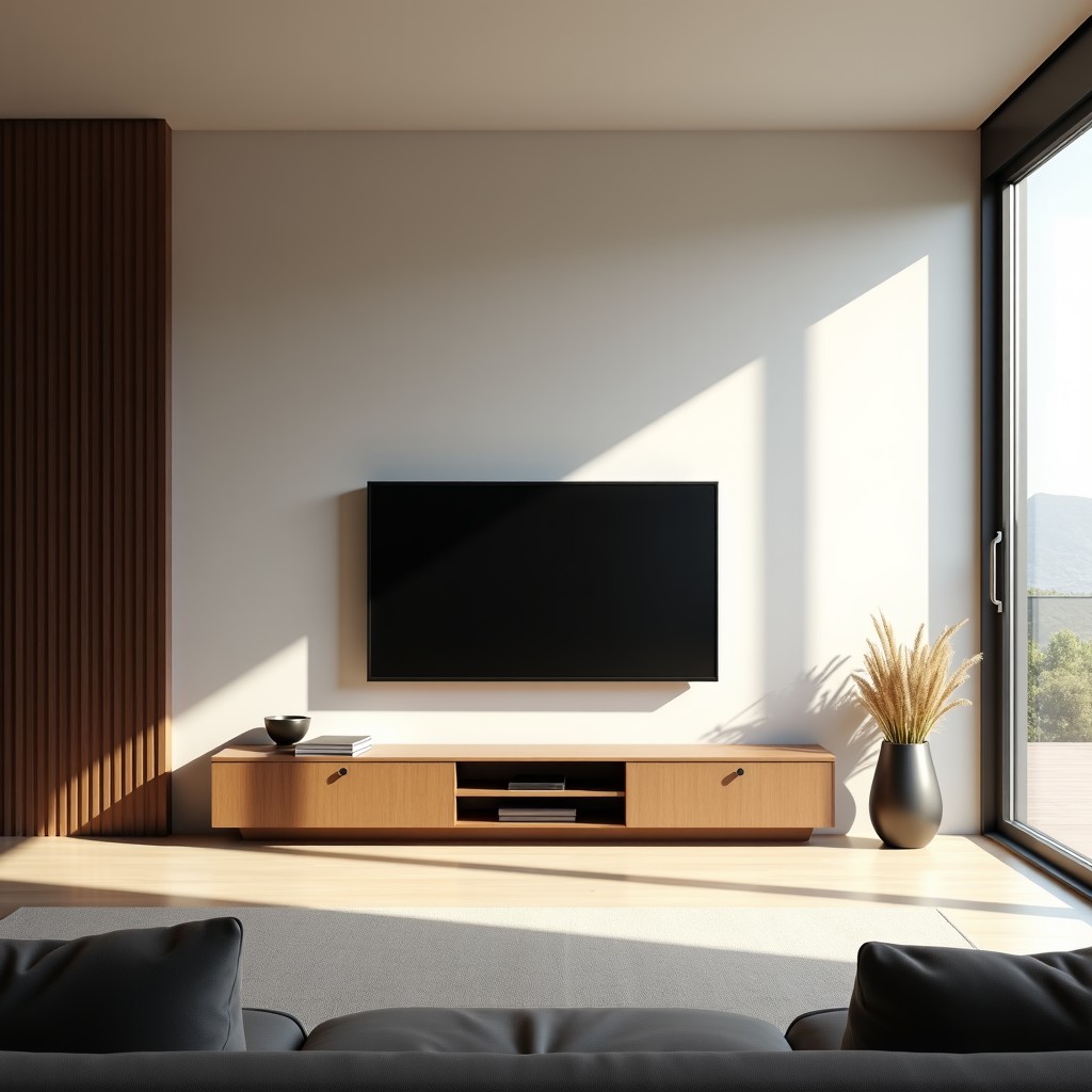 Elegant living space with subtle technology integration, minimalist design, soft natural daylight, serene atmosphere, high quality photography, 4:3 aspect ratio.