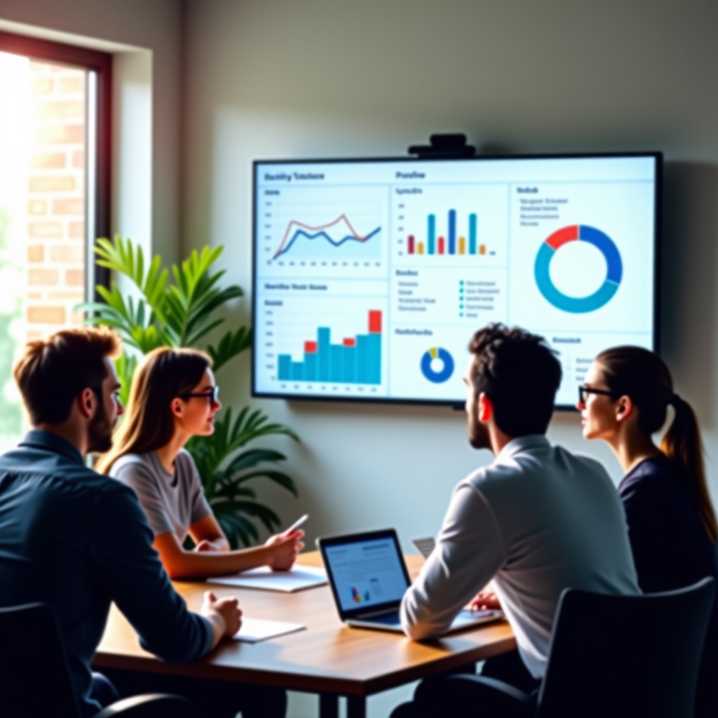 Diverse team members collaborating in a bright, modern meeting room looking at a large wall-mounted monitor with data analytics, natural lighting, realistic style, 4:3.
