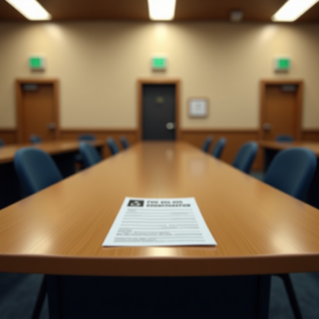 A realistic shot of an empty polling station with a focus on an identification document desk, warm lighting, cinematic depth of field, 4:3.