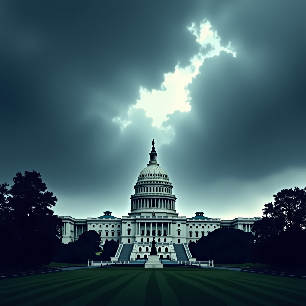 A realistic depiction of the US Capitol building with dramatic stormy clouds, symbolising political tension and conflict, high quality photography, 4:3.