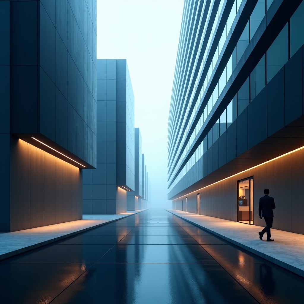 A conceptual image of modern business buildings blended with subtle legal document overlays and warning signs, sleek design, cinematic composition, 4:3.