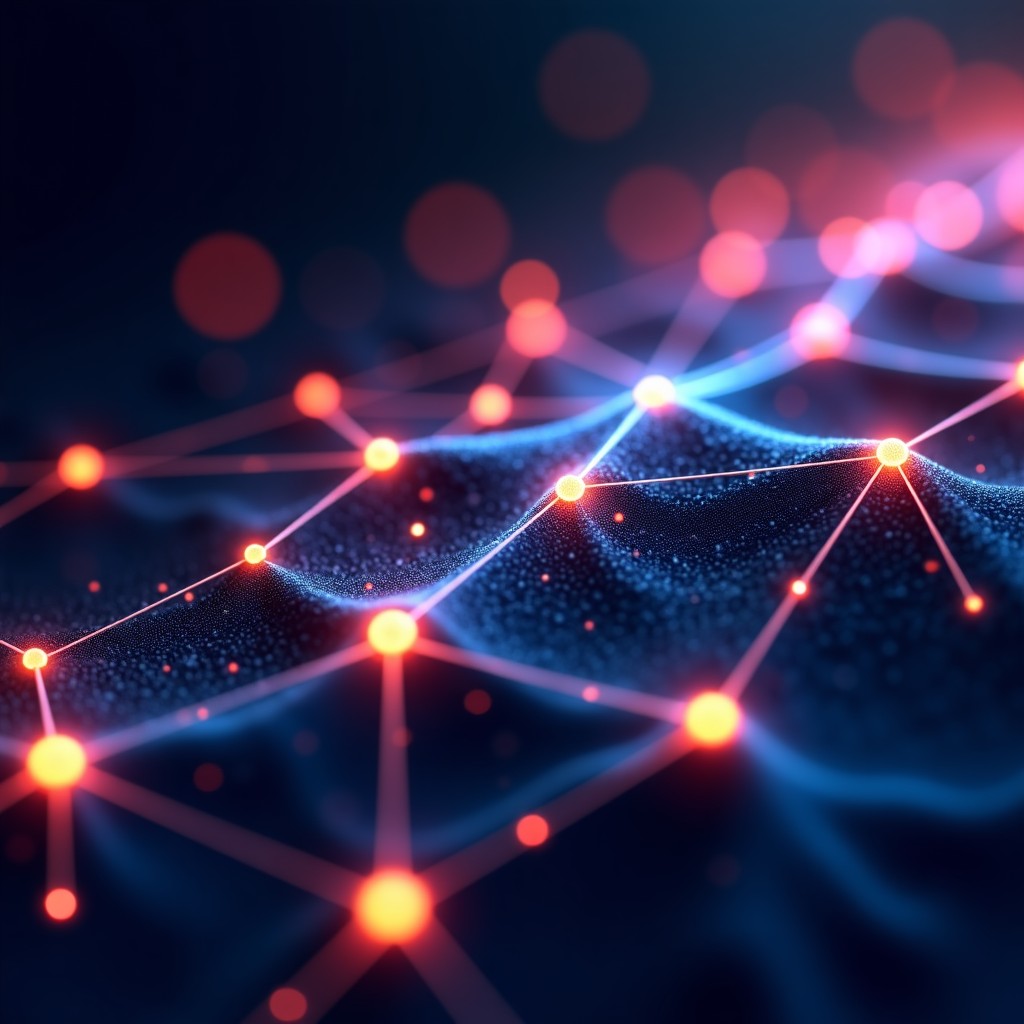 Abstract representation of neural networks and digital imaging, glowing nodes connected by lines, dark background with colorful data streams, high quality, digital art, 4:3