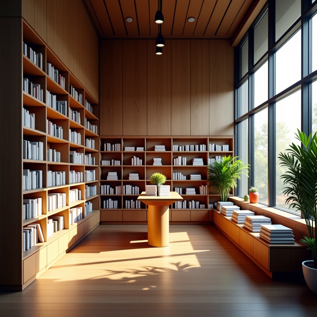 Modern bookstore interior with conceptual artistic elements of digital data meeting traditional books, soft warm lighting, professional photography, 4:3