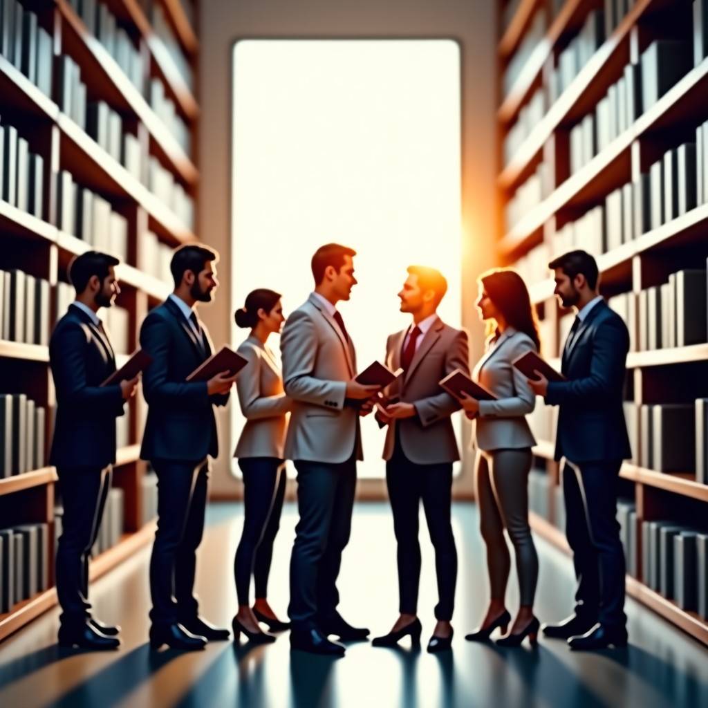 A group of diverse professional writers holding books in a modern library, looking at the future, professional style, bright and clear, 4:3