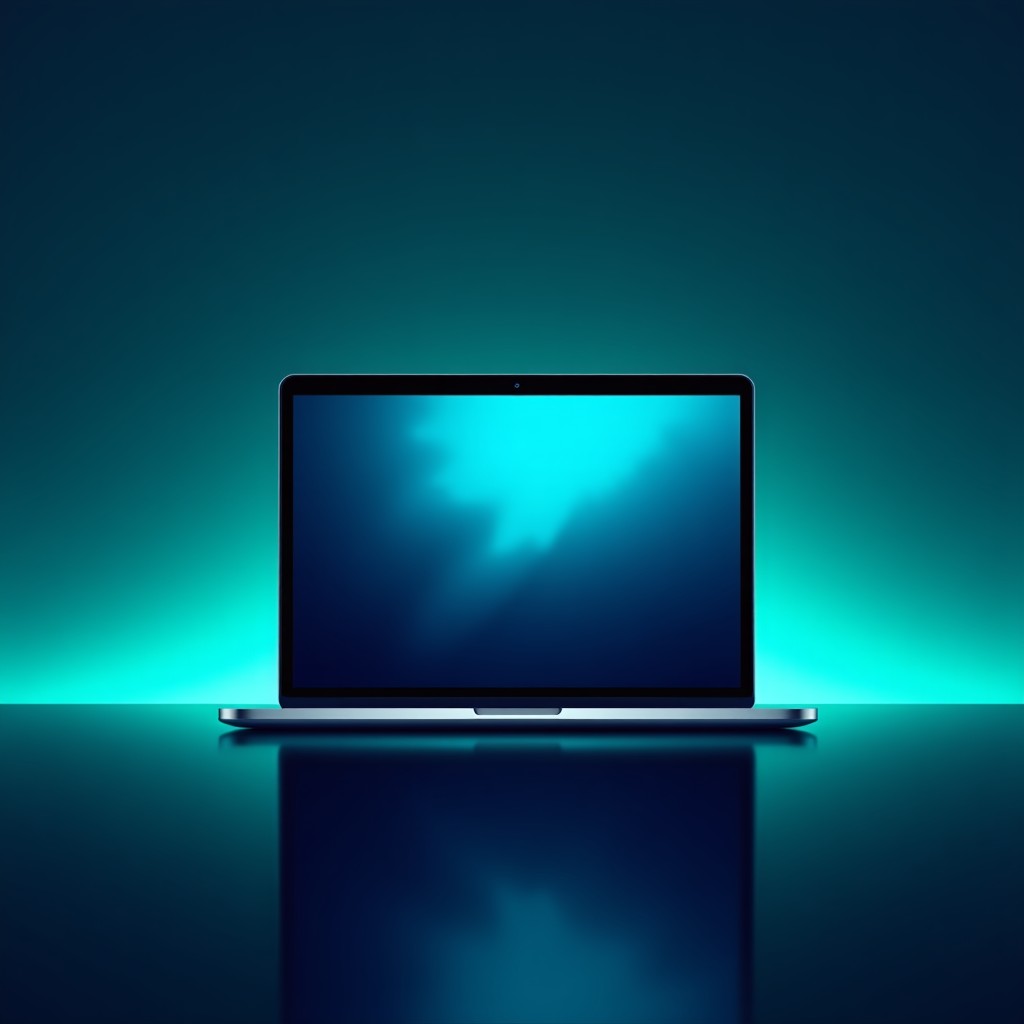 Minimalist software interface on a laptop screen, deep blue and teal color palette, clean vector style, professional workspace, 16:9 aspect ratio.