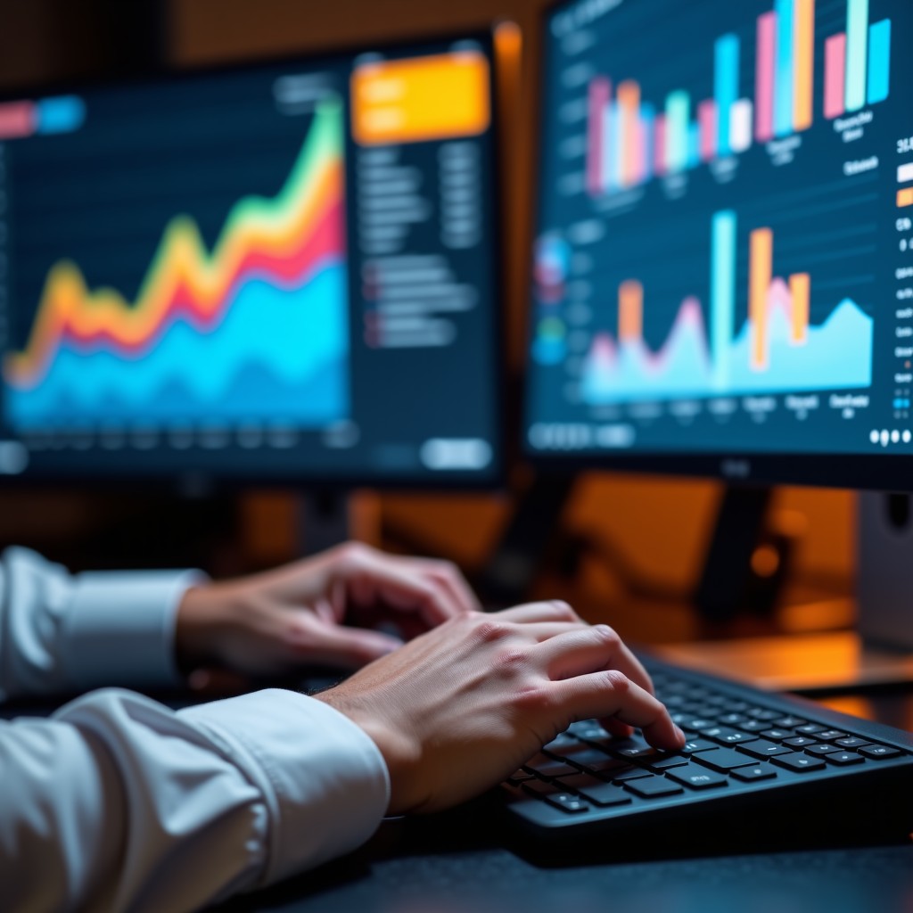 Close up shot of hands typing on a modern keyboard next to a sleek monitor displaying colorful charts and organized data, warm studio lighting, professional environment, 16:9 aspect ratio.