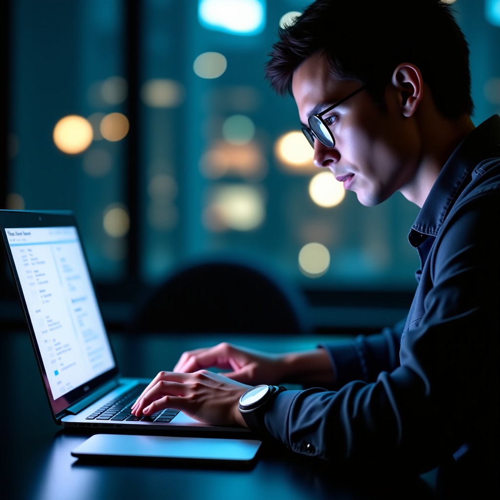 Close up of a person typing on a laptop in a dimly lit modern room, focused expression, digital interfaces reflecting on the screen, 4:3