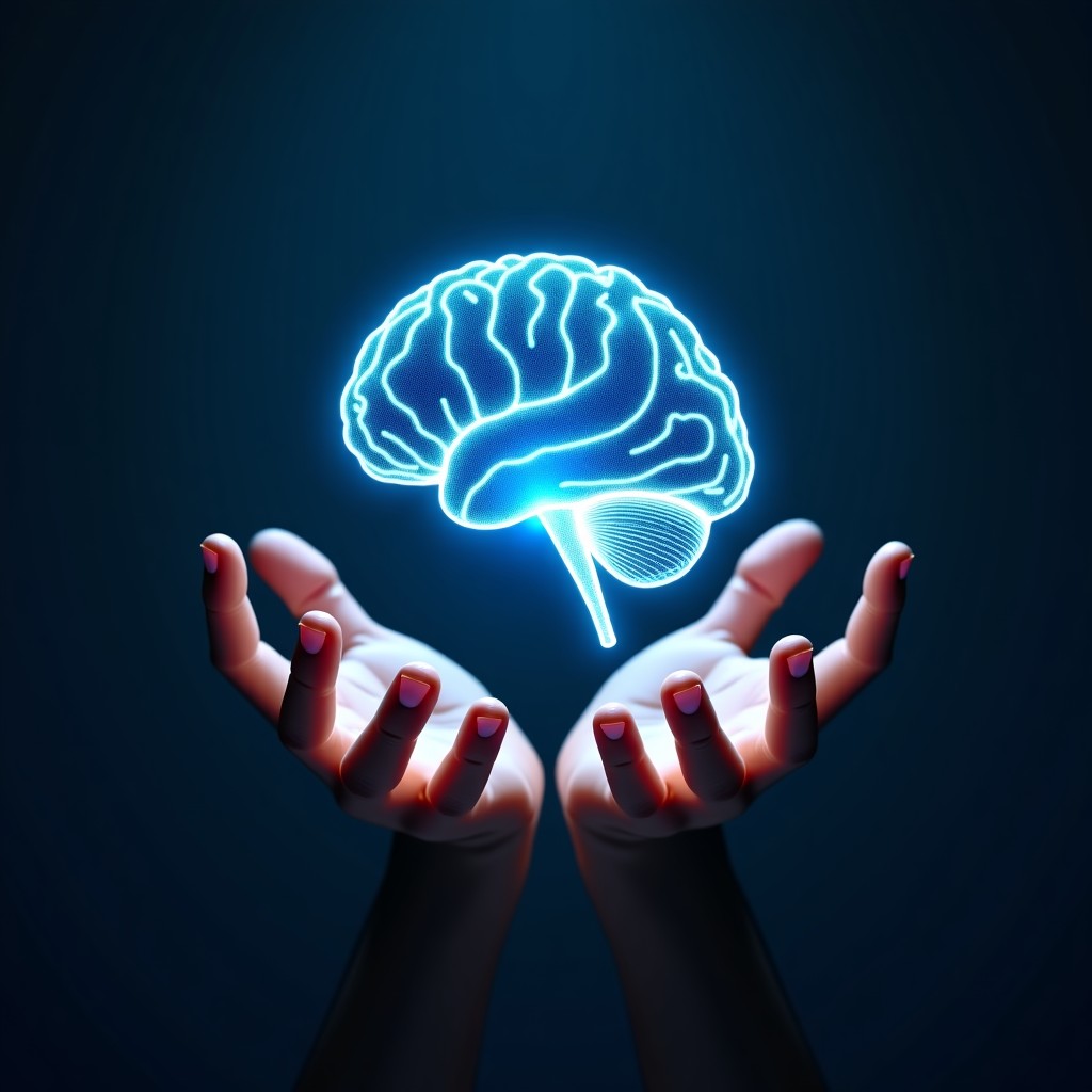Abstract representation of human hands interacting with a glowing digital brain structure, dark background with subtle blue light, 4:3