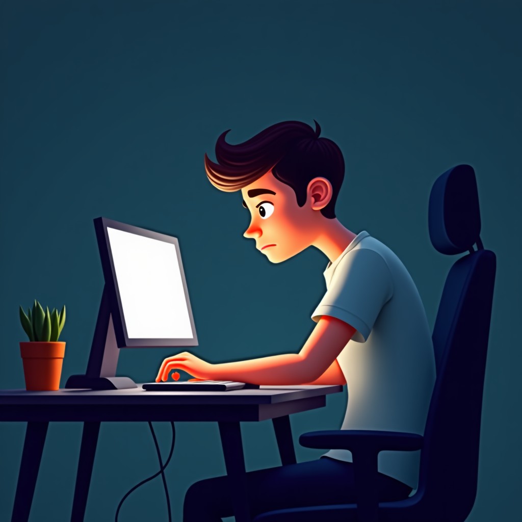 A tired professional sitting at a desk late at night, glowing screen light illuminating the face, minimalist workspace, 4:3