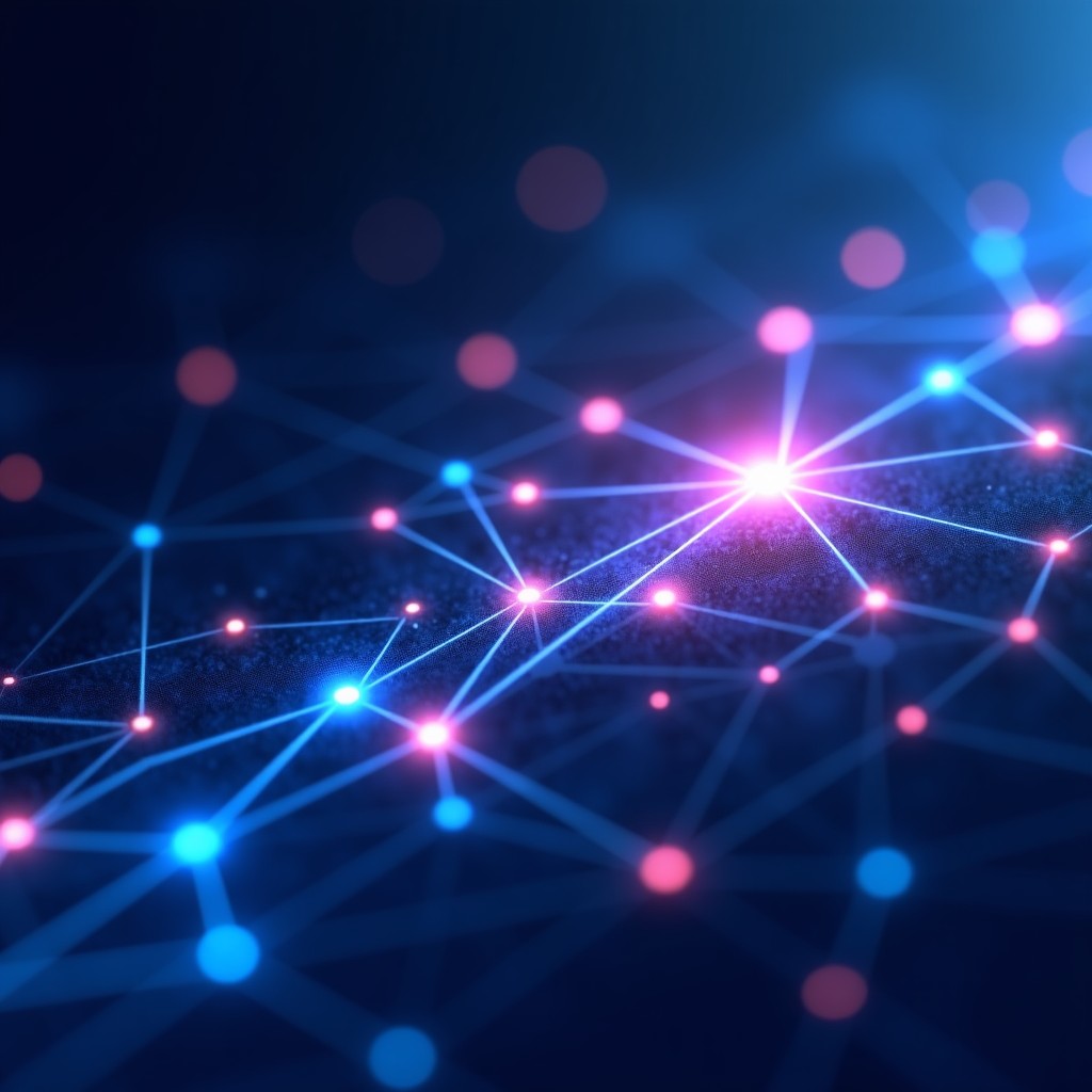 Abstract representation of data processing, glowing lines and nodes connecting, clean professional digital aesthetic, blue and purple tones, high resolution, 4:3