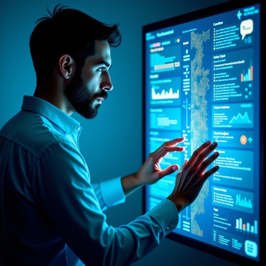 A professional digital analyst examining complex data patterns on a holographic screen, focusing on identifying synthetic media, realistic, soft studio lighting, 4:3