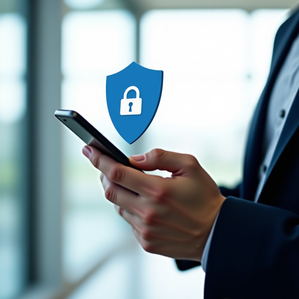 A clean and modern composition showing a person holding a smartphone with a shield icon overlay representing digital security, bright minimalist background, 4:3