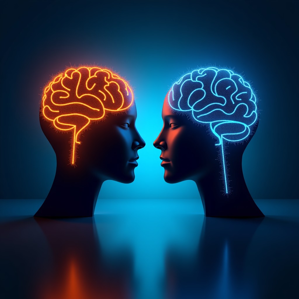 Abstract representation of human decision making versus AI logic, glowing neural network icons, deep blue and orange contrast, sophisticated, 4:3.