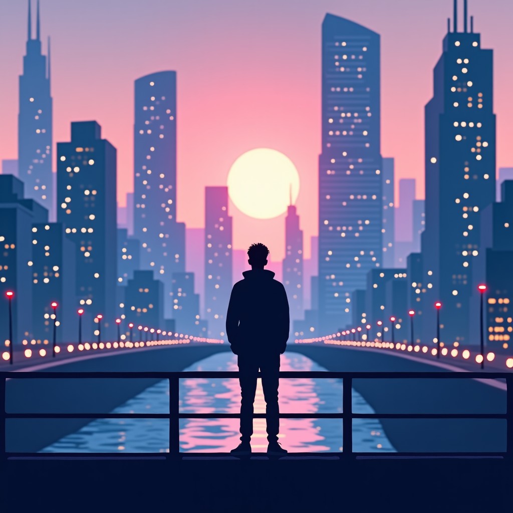 Silhouette of a person standing on a bridge overlooking a digital futuristic cityscape, thoughtful atmosphere, wide lens, balanced composition, 4:3.