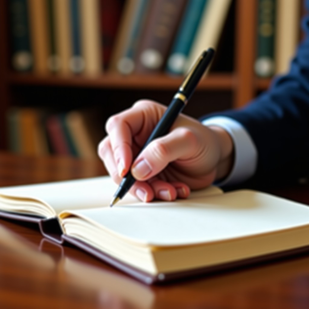 A close-up of a hand writing in a leather-bound notebook with a fountain pen on a wooden desk, blurred bookshelf background, 4:3