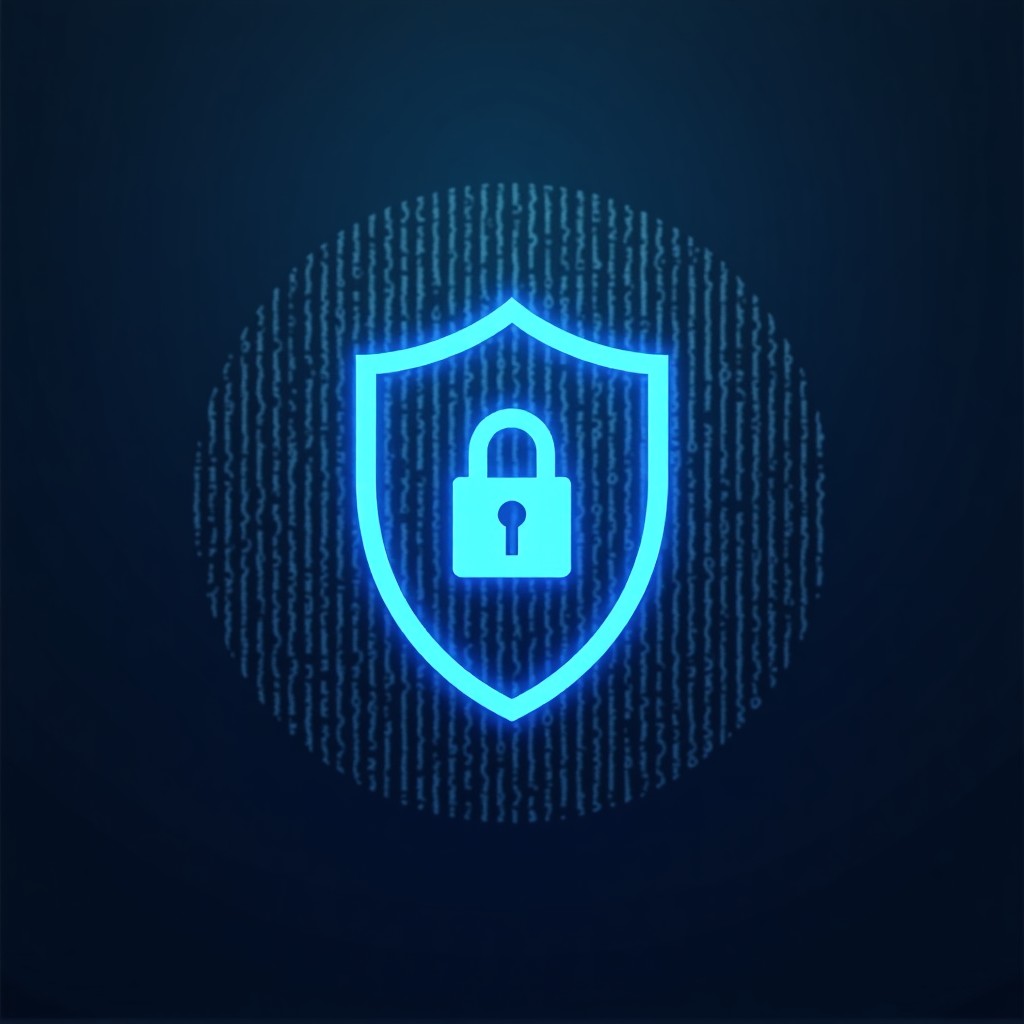 Abstract representation of digital security, shield icon integrated into a matrix of binary codes, glowing blue and silver colors, minimalist and professional look, 4:3 aspect ratio