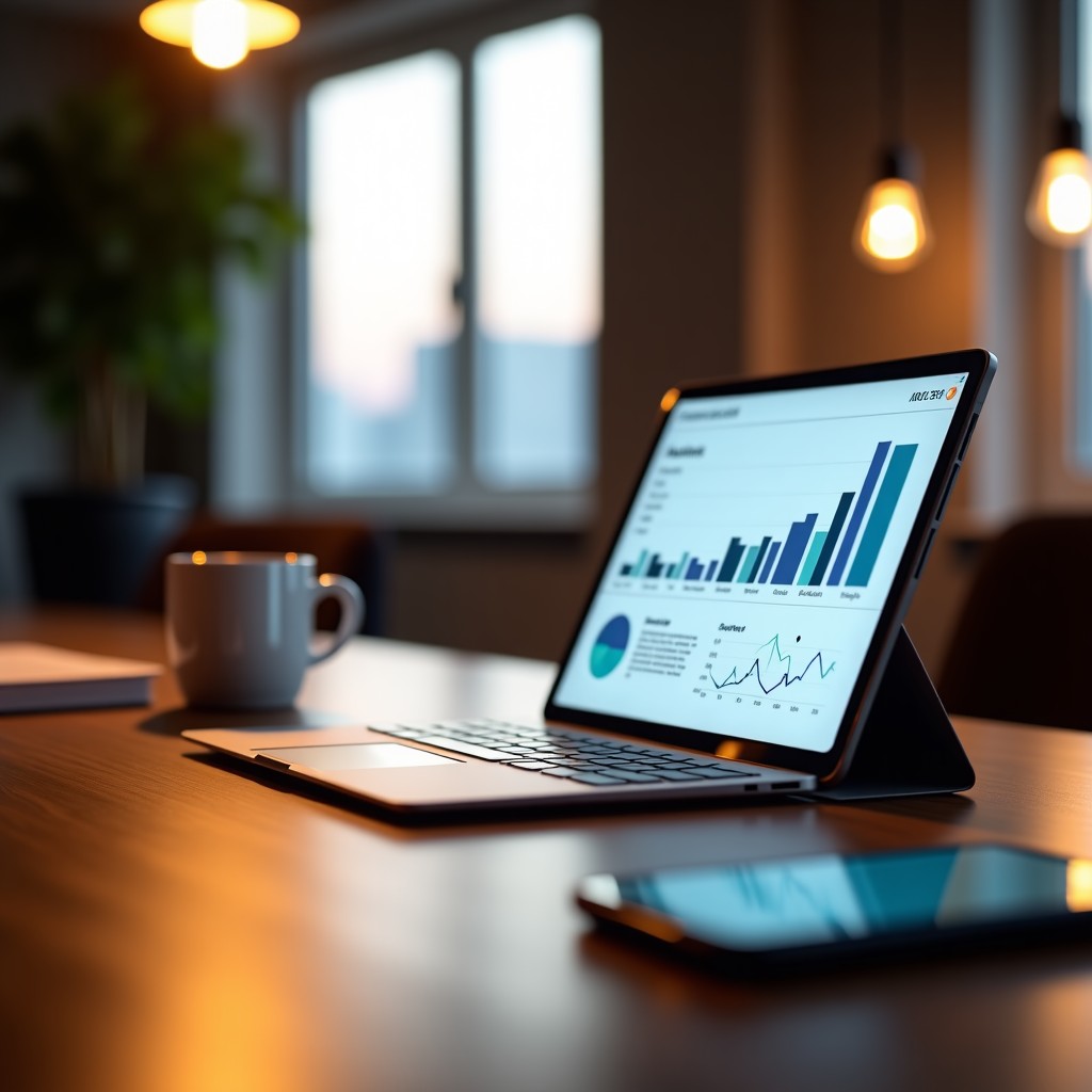 A clean and organized modern office desk with a smartphone and a tablet showing data analysis, warm ambient lighting, peaceful and productive atmosphere, realistic style, 4:3 aspect ratio