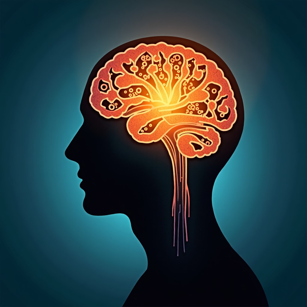 A conceptual image of a glowing human brain silhouette intertwined with gears and nature elements, abstract digital art, sharp focus, 4:3