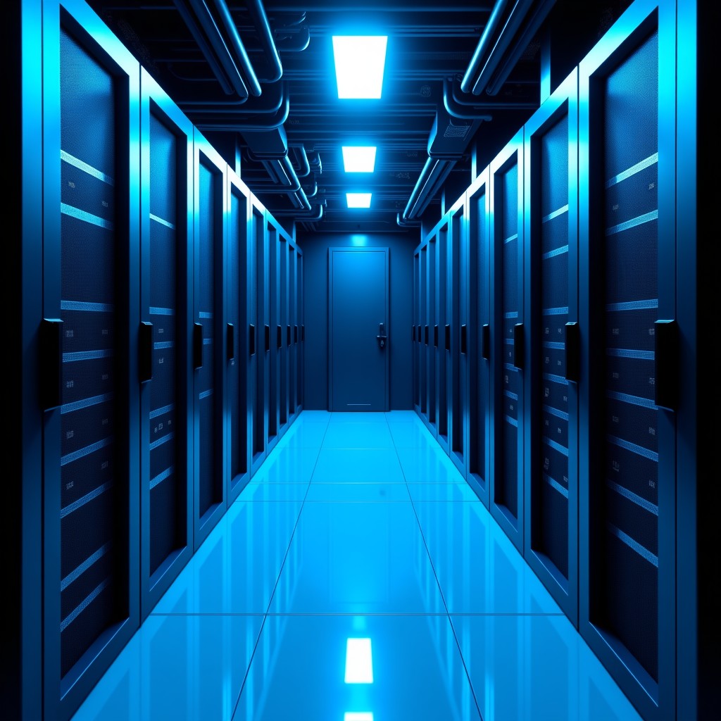 High-tech server room interior, organized networking cables, blue lighting, clean and professional look, 4:3