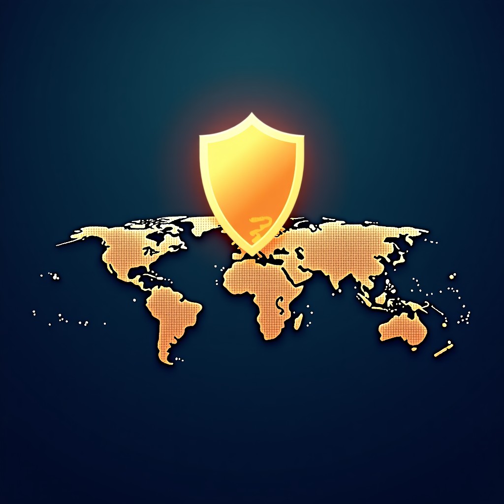 Digital shield graphic over a map of global network nodes, dark blue and gold color scheme, clean infographic style, 4:3