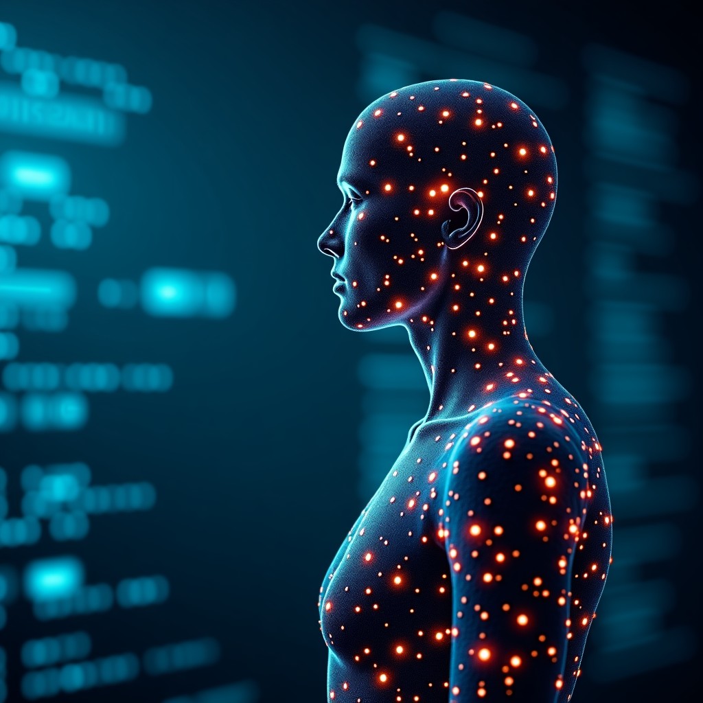 A conceptual image of a human silhouette made of glowing circuit patterns, protecting personal data, blurred technology background, clean and professional look, 4:3.