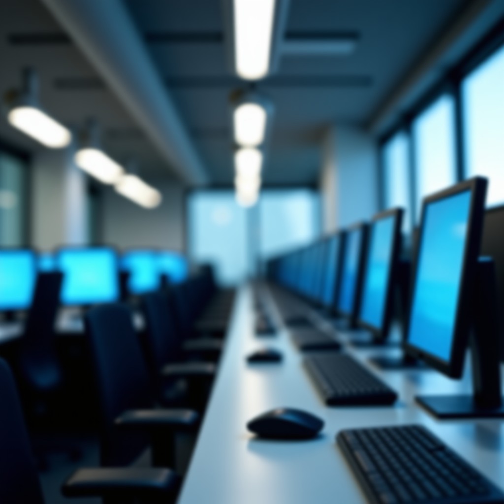 A sleek modern office environment with blurred computer screens, representing digital privacy and professional ethics, shallow depth of field, 4:3.