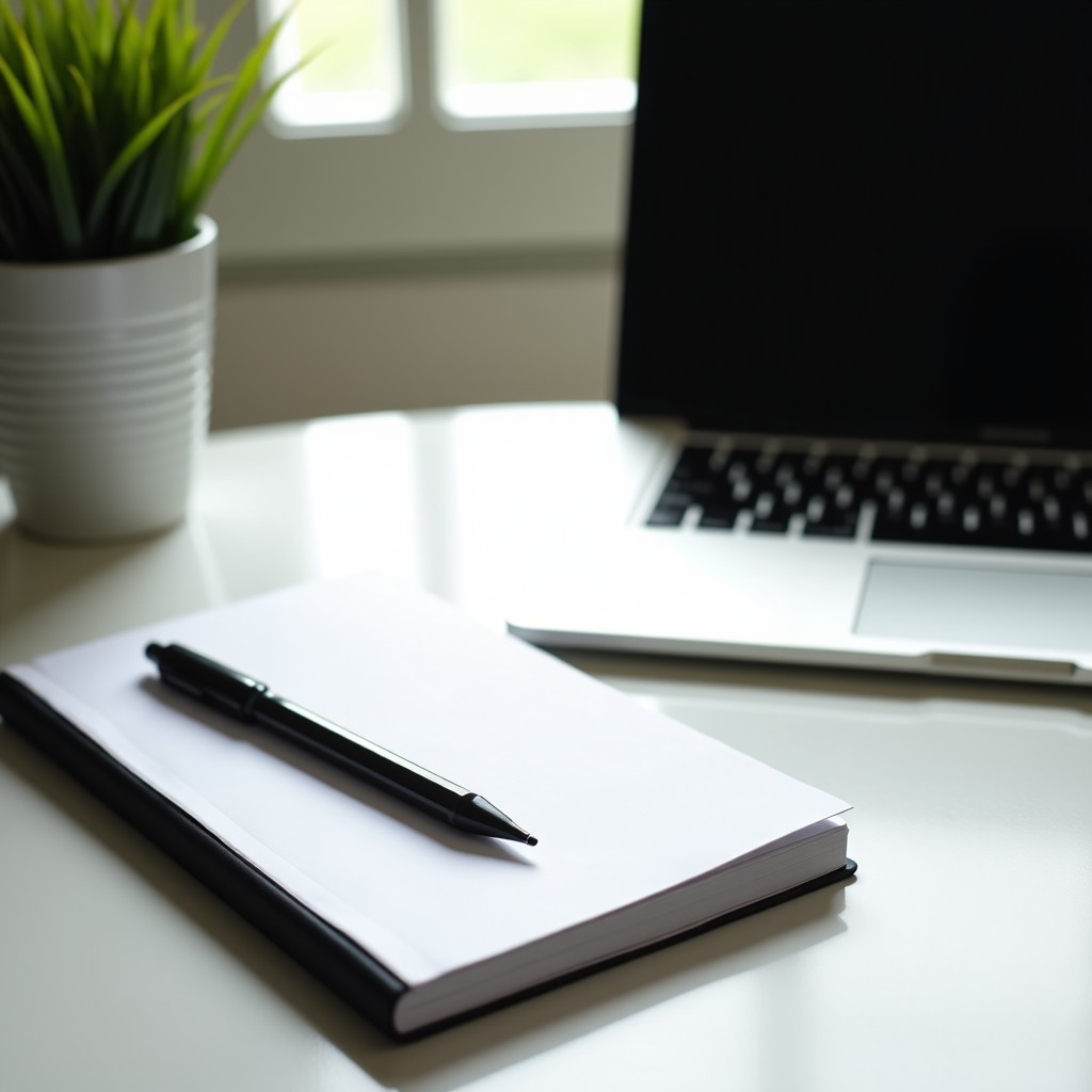 A clean and minimal workspace showing a notebook and a laptop, symbolizing the balance between human intellect and technology, natural lighting, 4:3.