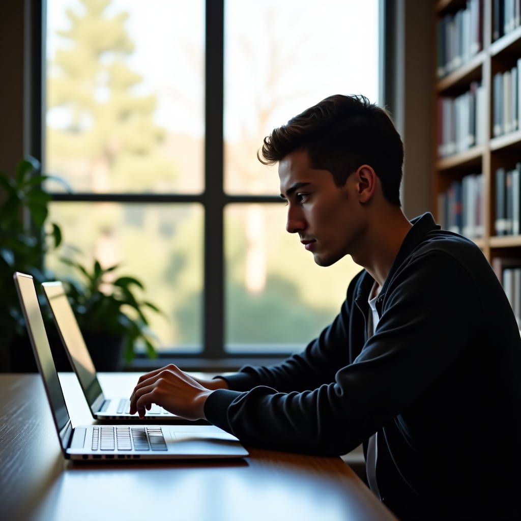 A student working on a slim laptop in a library setting, natural sunlight coming through a large window, focused expression, cinematic composition, 4:3 aspect ratio