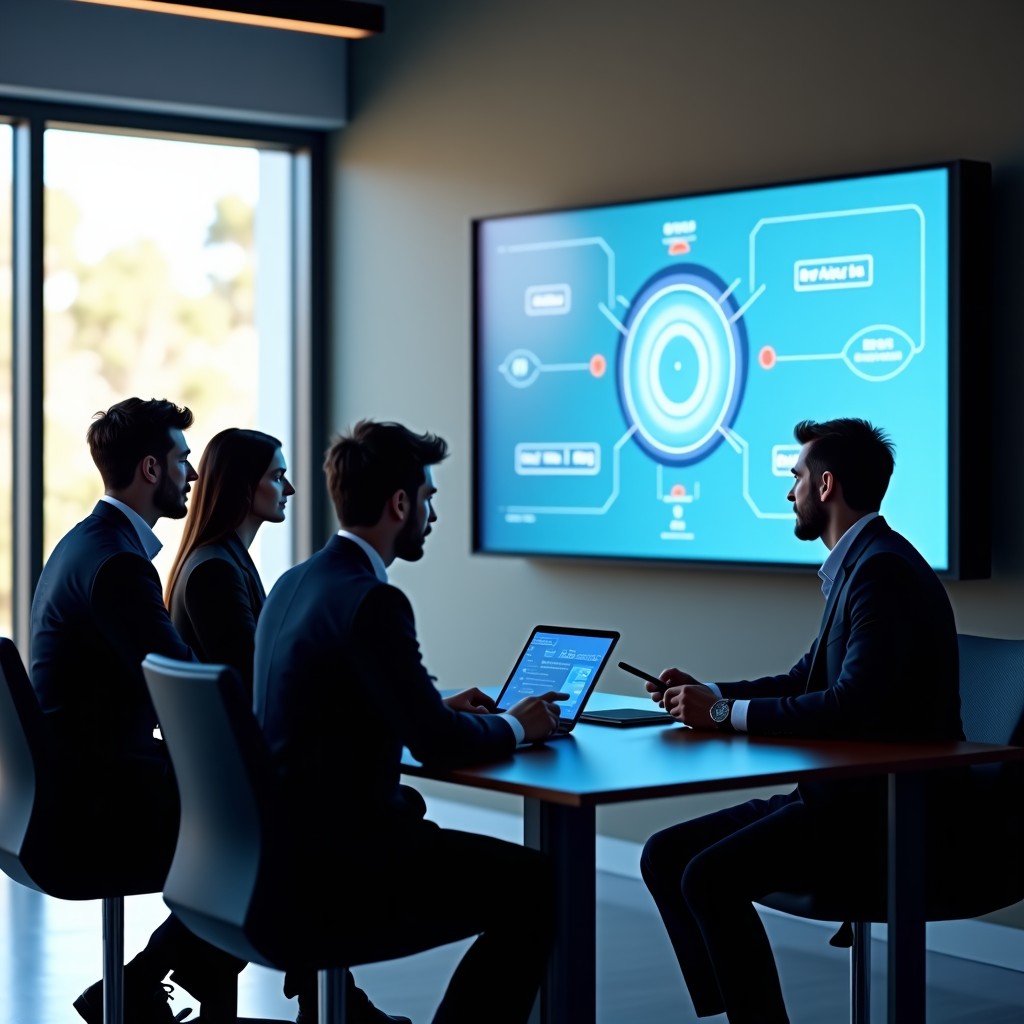 Modern professional office with legal experts collaborating around a screen displaying AI generated legal insights, soft natural office lighting, 4:3 ratio.