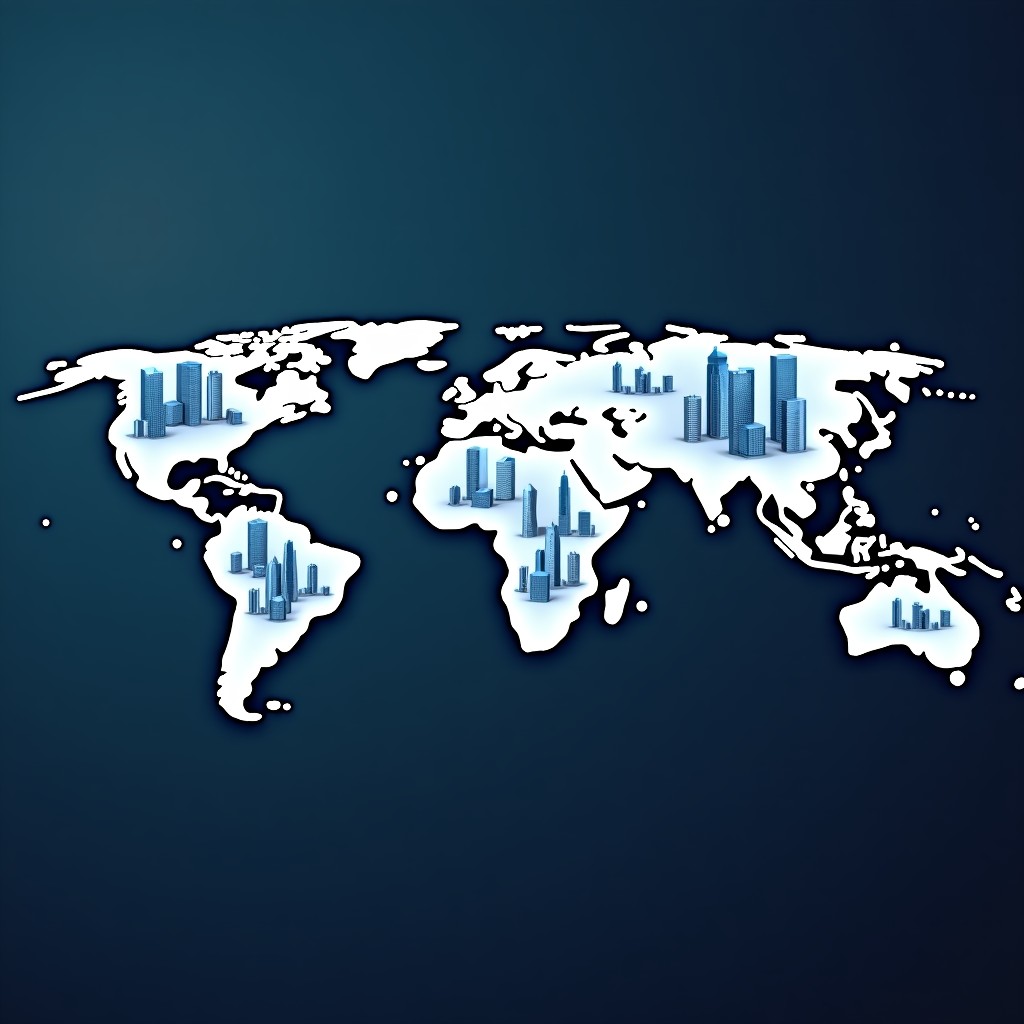 Global map visualization with digital growth connections and modern office buildings, business success concept, 4:3 ratio.