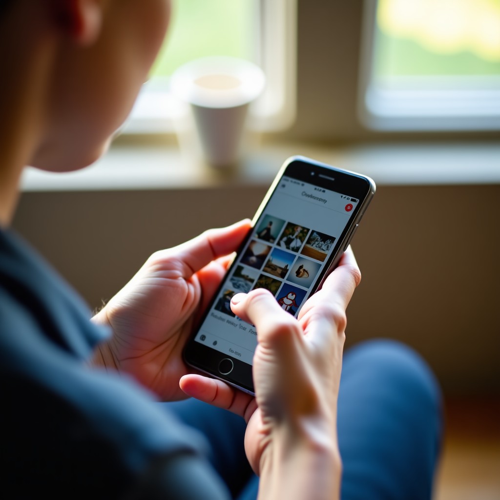 A close-up of a person using a smartphone to scroll through a photo gallery, natural soft sunlight, casual lifestyle photography, realistic, 4:3