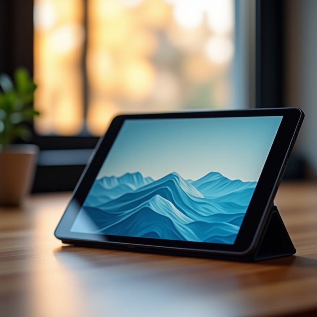 A modern tablet showing a photo browsing interface, clean office desk background, warm ambient lighting, high resolution, 4:3