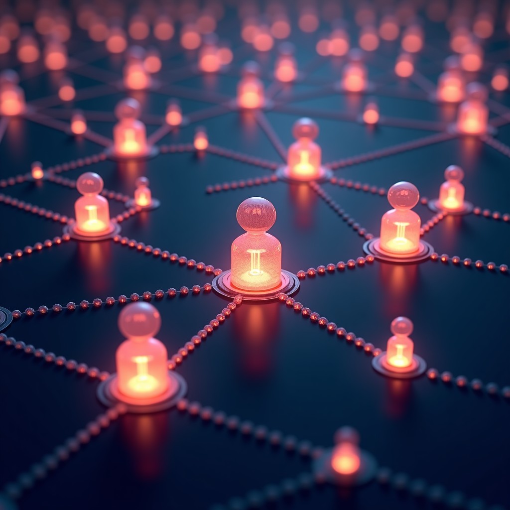 Conceptual art of multiple AI bots communicating through a web of glowing threads in a dark digital space, realistic lighting, 4:3