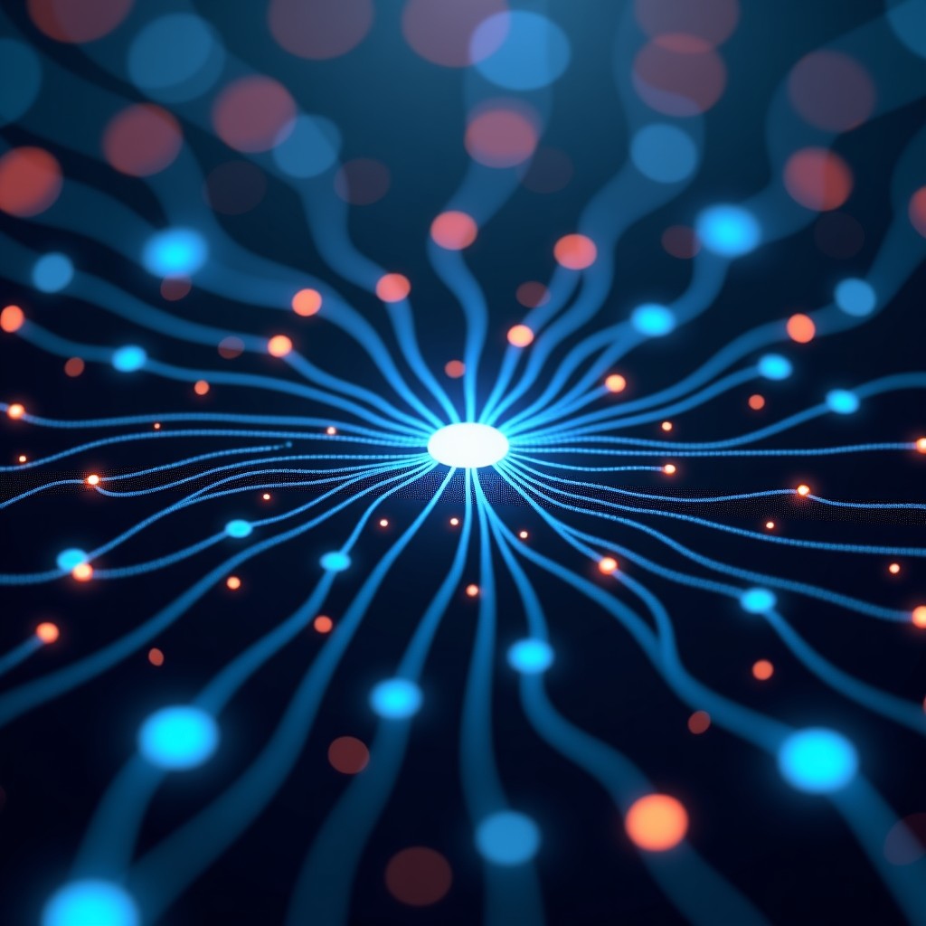 Close up of a digital neural network visualization, complex connections and data flow, dark tech background, high quality, 4:3