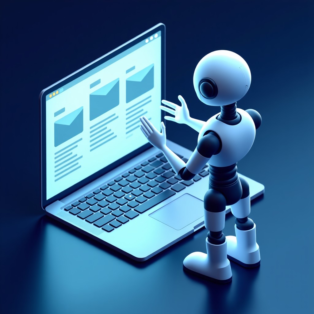 A clean infographic style image showing a digital robot interface interacting with email streams, modern dashboard, professional aesthetic, 16:9