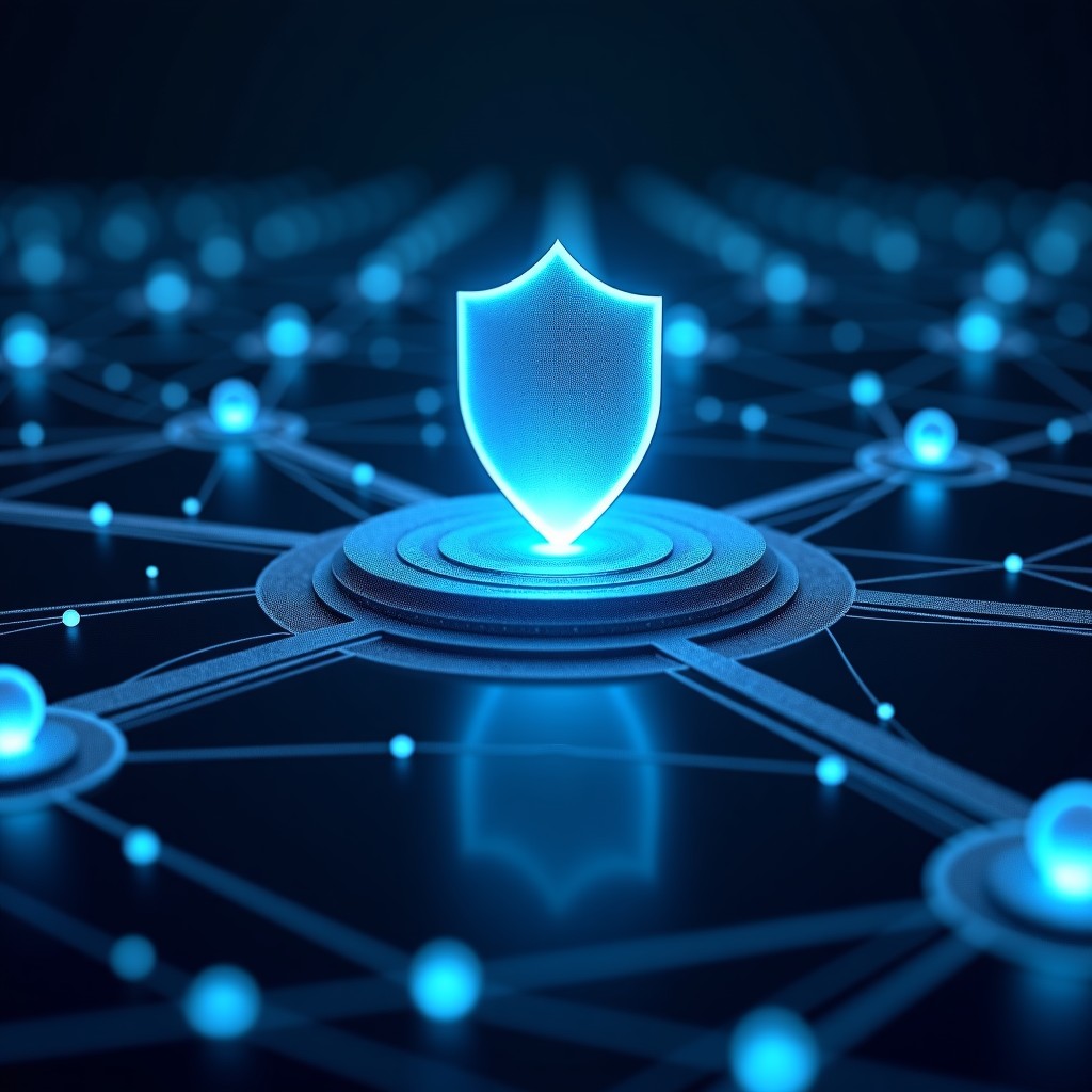 Conceptual abstract image showing digital neural networks and security shield elements, glowing blue and silver tones, clean modern composition, 4:3