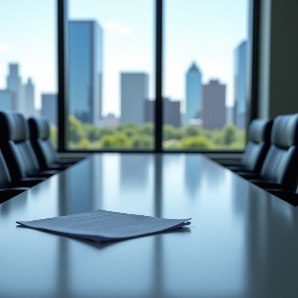 Professional setting in a conference room with blurred city background, focus on legal and ethical documents, minimalist style, 4:3