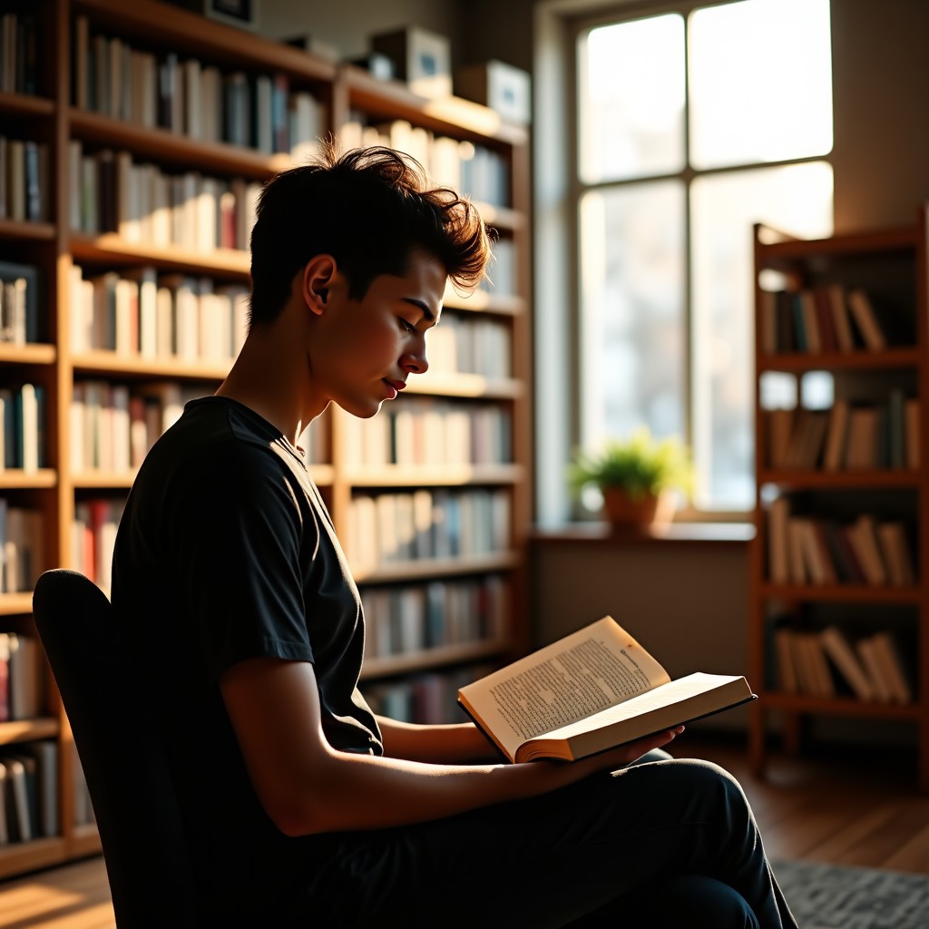 A person reading a physical book in a sunlit corner of a bookstore, focused expression, natural indoor lighting, 4:3.